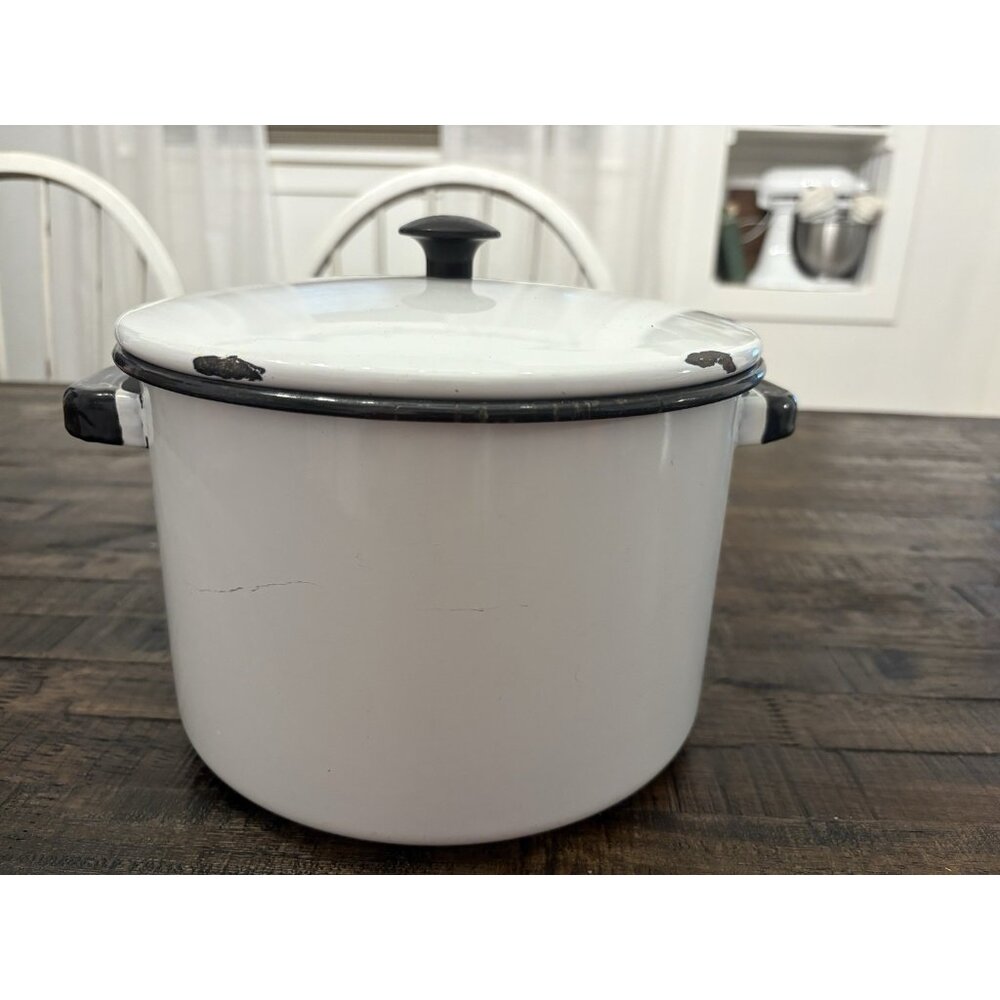 Vintage Enamelware Handled Stock Pot 1950s White Black With Lid